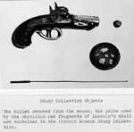 Graphic showing the Booth Deringer pistol with the bullet and skull fragments removed from Lincoln during his 1865 autopsy